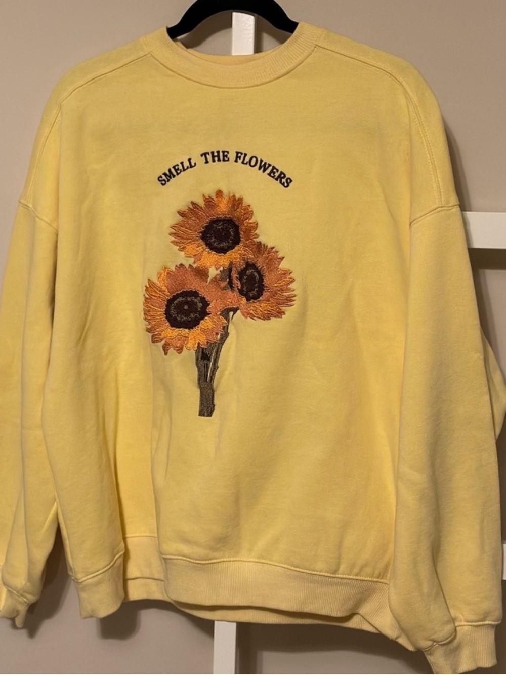 Smell The Flowers Sunflower Embroidered Yellow Crewneck Sweater